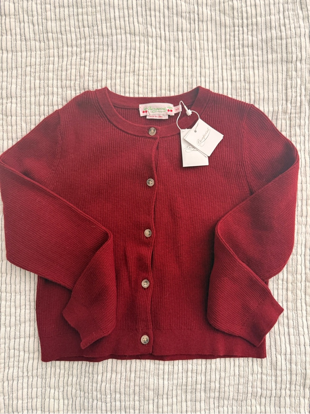 Bonpoint Girls' Deep Red Ribbed Button Cardigan - Picture 2 of 2